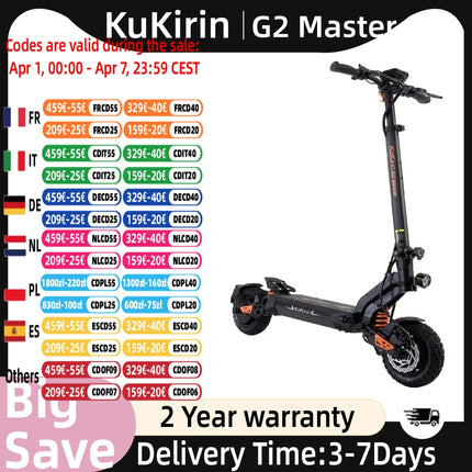 Monopattino Elettrico KuKirin G2 Master, Doppio Motore 1000W*2, 52V 20.8Ah, Velocità Massima 60km/h, Freni a Disco Anteriori e Posteriori, Ammortizzatore Idraulico platinumshop