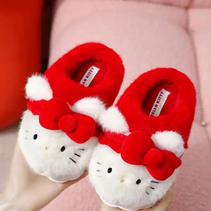 Women Cute Hello Kitty Thick Platform Plush Slippers Warm Fuzzy Non-Slip Bowknots Winter Indoor Bedroom Cozy Fluffy House Slides