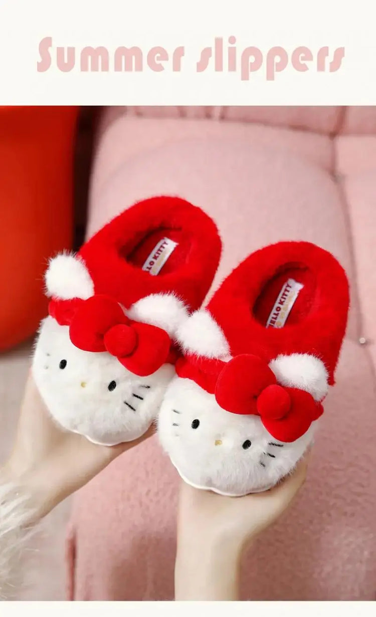 Women Cute Hello Kitty Thick Platform Plush Slippers Warm Fuzzy Non-Slip Bowknots Winter Indoor Bedroom Cozy Fluffy House Slides