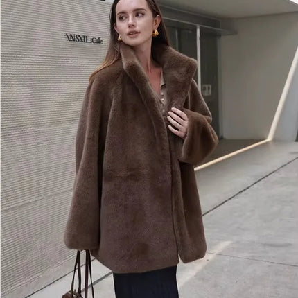 Women's Brown Plush Faux Fur Coat Funnel Neck Drawstring Waist Mid-Length Thick Winter Warm Elegant Luxe Chic Outerwear
