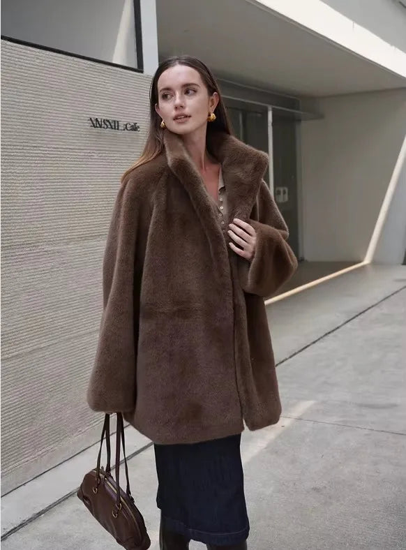 Women's Brown Plush Faux Fur Coat Funnel Neck Drawstring Waist Mid-Length Thick Winter Warm Elegant Luxe Chic Outerwear