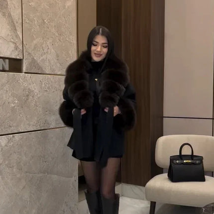 Lady Faux Fur Collar Cuffs Patchwork Short Overcoat  Belted Lace Up Loose Warm Jacket New Winter Daily Street Women's Outerwear