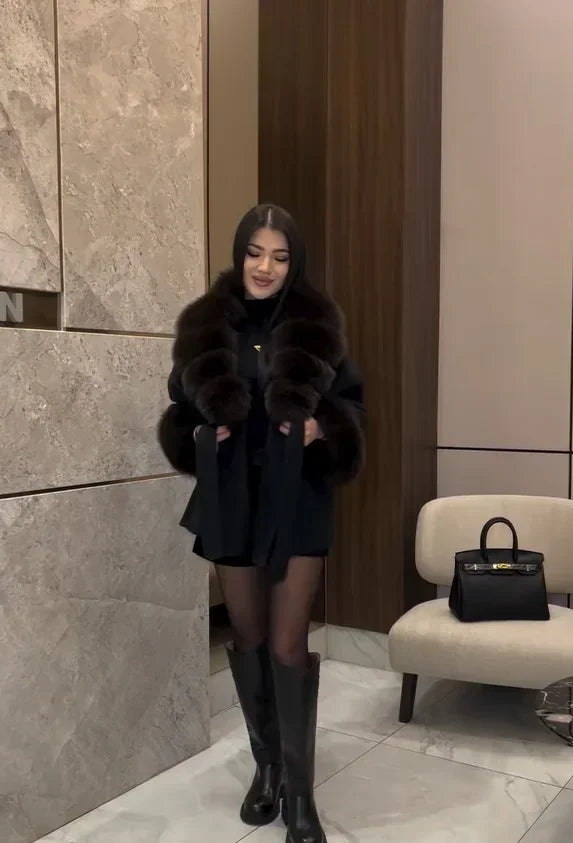 Lady Faux Fur Collar Cuffs Patchwork Short Overcoat  Belted Lace Up Loose Warm Jacket New Winter Daily Street Women's Outerwear