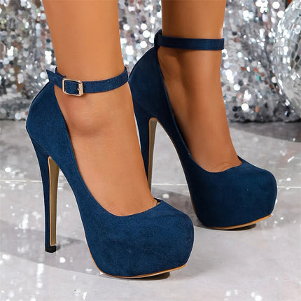 Big Size 36-47 Soft Flock Office Shoes Women Pumps 2026 Buckle Round Toe Super High Heels 14.5CM Sexy Platform Party Shoes Woman PlatiNum