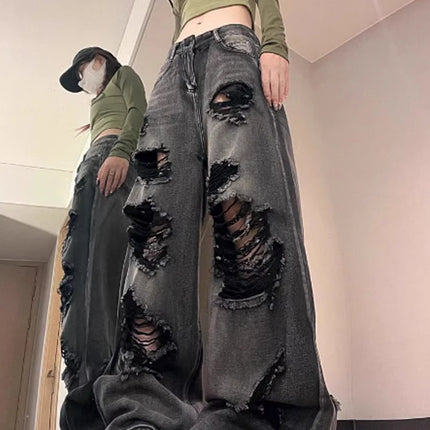 Jeans strappati da donna Baggy Estetica vintage Streetwear Pantaloni da cowboy Harajuku Pantaloni in denim oversize Y2k 2000s Trashy Clothes