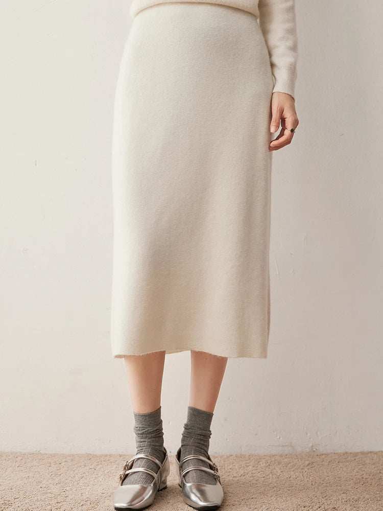 Women's 100% Cashmere Skirts Office Lady Autumn Winter Basic Fit Knitted High Waist Straight Skirt Graceful Long Warm Soft Dress PlatiNum