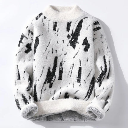 Men Round Neck Pullovers Long Sleeve Jumpers Print Knitted Sweater Slight Strech Regular Casual Simple Thick Winter 2025