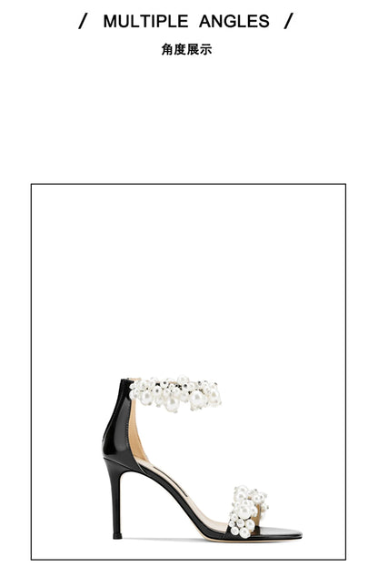 Summer new leather pearl ribbon sexy open-toe wedding shoes thin high-heeled banquet dress small size bag heel women's sandals