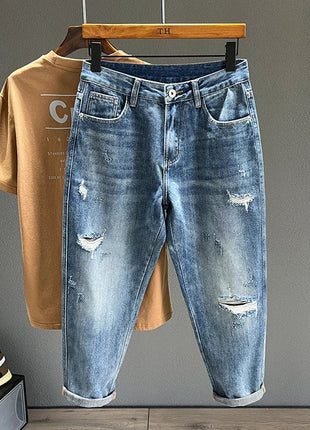 Ripped Jeans Men New Personality Fashion Vintage Blue Streetwear Baggy Denim Pants Casual Tapered Hole Frayed Trousers Male PlatiNum