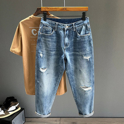 Ripped Jeans Men New Personality Fashion Vintage Blue Streetwear Baggy Denim Pants Casual Tapered Hole Frayed Trousers Male PlatiNum