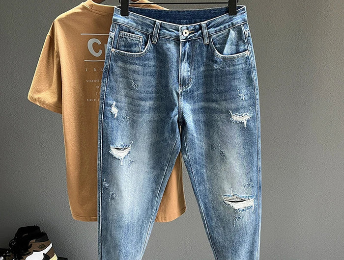Ripped Jeans Men New Personality Fashion Vintage Blue Streetwear Baggy Denim Pants Casual Tapered Hole Frayed Trousers Male PlatiNum