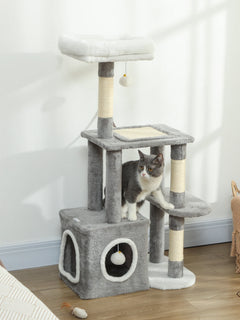PawHut Albero Tiragraffi per Gatti con Casetta, Lettino e 2 Palline, Torre per Gatti in Truciolato, Peluche, Cotone PP e Sisal, 55x40x107 cm, Grigio e Bianco