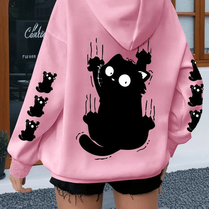 Women Oversized Hoodie Cute Scratch Black Cat Dual Sleeve Print Pullover Sweatshirt Autumn Winter Harajuku Casual Street Tops