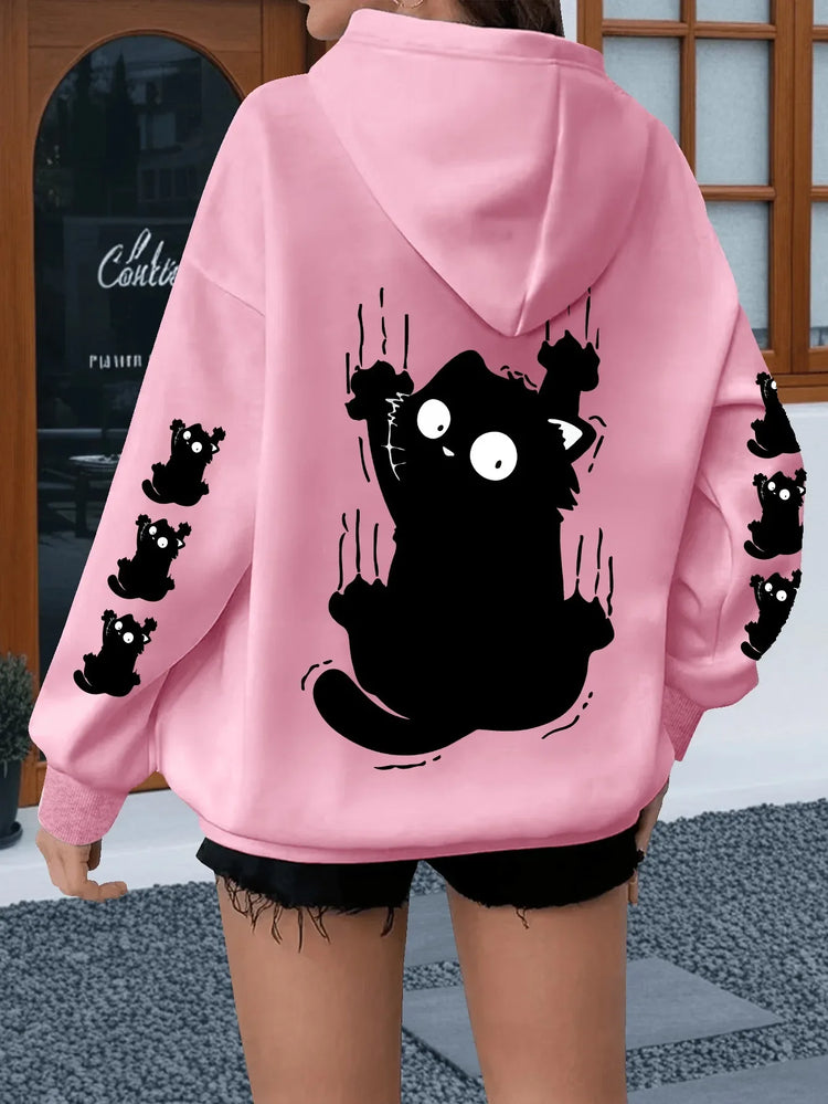 Women Oversized Hoodie Cute Scratch Black Cat Dual Sleeve Print Pullover Sweatshirt Autumn Winter Harajuku Casual Street Tops