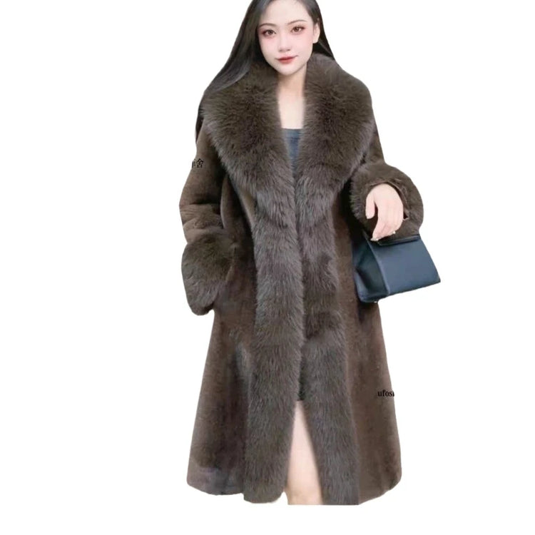Faux Fur Coats Women Long Coat Thick Warm Turn Down Collar Open Stitch Spring Outerwear Jackets Elegant Splice Autumn Winter