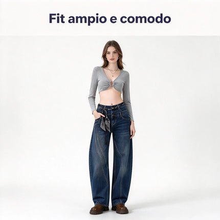Women’s High-Waisted, Wide-Leg, Curved-Fit Jeans with Matching Scarf Belt Included, Vintage-Wash Blue Denim with Diagonal Stitching, Casual Retro-Style Trousers for Everyday Wear  FX-5380-1