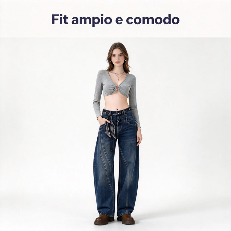 Women’s High-Waisted, Wide-Leg, Curved-Fit Jeans with Matching Scarf Belt Included, Vintage-Wash Blue Denim with Diagonal Stitching, Casual Retro-Style Trousers for Everyday Wear  FX-5380-1