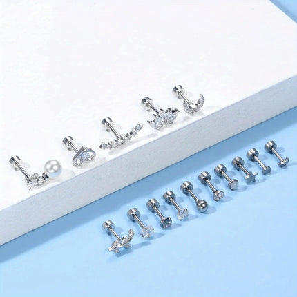 Florideco 1PC Stainless Steel Cartilage Stud Earrings for Women Opal Flat Back Earring Studs Lip Bar Nose Ear Piercing Jewellery PlatiNum