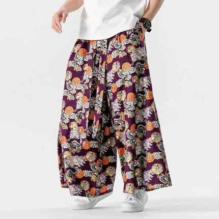 Pantaloni da samurai giapponesi da uomo con stampa drago pantaloni casual larghi da uomo stile kimono pantaloni larghi moda vintage streetwear