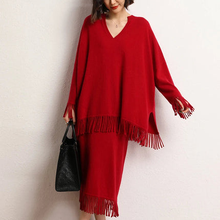 Women's Tassels Long Skirts Autumn Winter 100% Cashmere Knitwear Soft Warm Retro Casual Clothing Versatile Hide Fat Make Slim PlatiNum