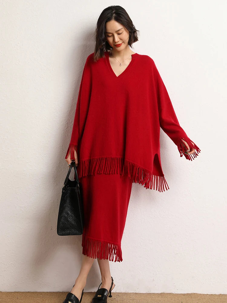 Women's Tassels Long Skirts Autumn Winter 100% Cashmere Knitwear Soft Warm Retro Casual Clothing Versatile Hide Fat Make Slim PlatiNum