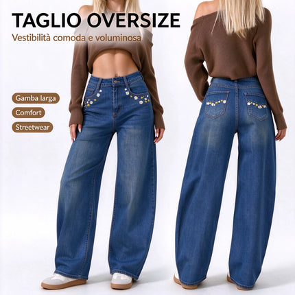 Women’s High-Waisted, Wide-Leg Jeans with Daisy Embroidery on the Pockets, Vintage Blue Denim with Faded Wash, Soft Casual Trousers for Everyday Wear  JF-593