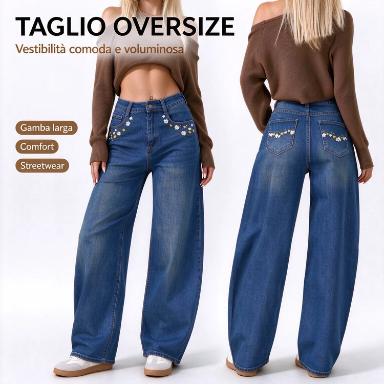 Women’s High-Waisted, Wide-Leg Jeans with Daisy Embroidery on the Pockets, Vintage Blue Denim with Faded Wash, Soft Casual Trousers for Everyday Wear  JF-593