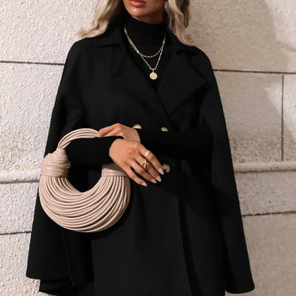 Ladies Mid Length Cape Coat Round Neck Double Breasted Metal Buttons Sleeveless Loose Cloak Outer Jacket For Party