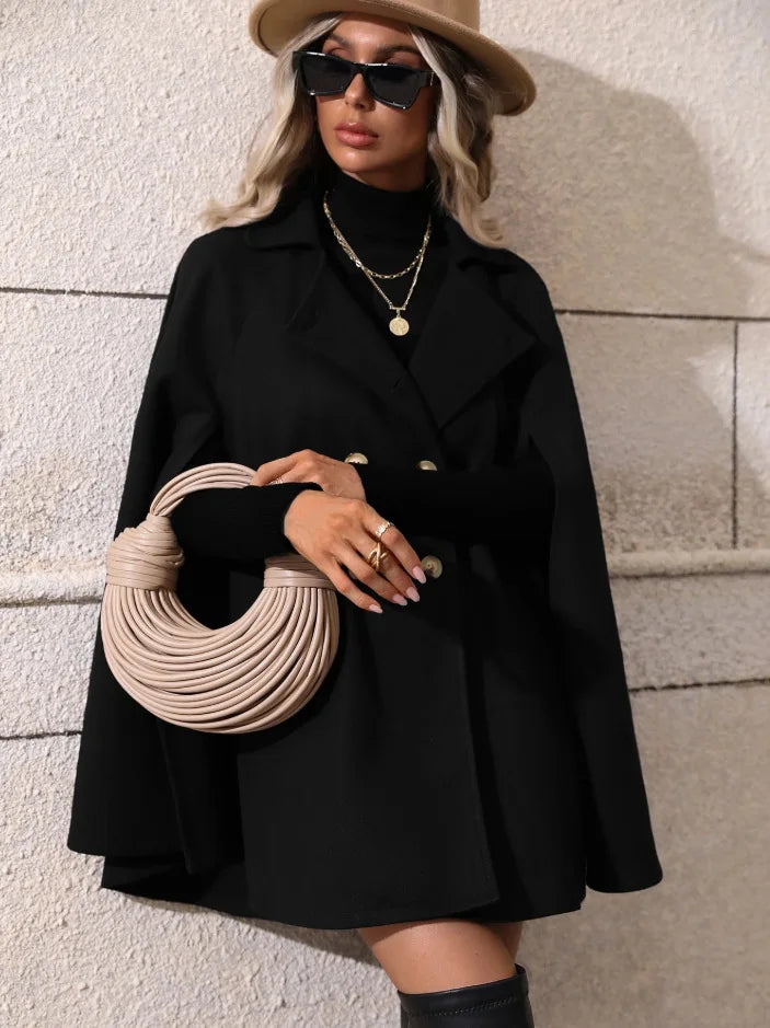 Ladies Mid Length Cape Coat Round Neck Double Breasted Metal Buttons Sleeveless Loose Cloak Outer Jacket For Party