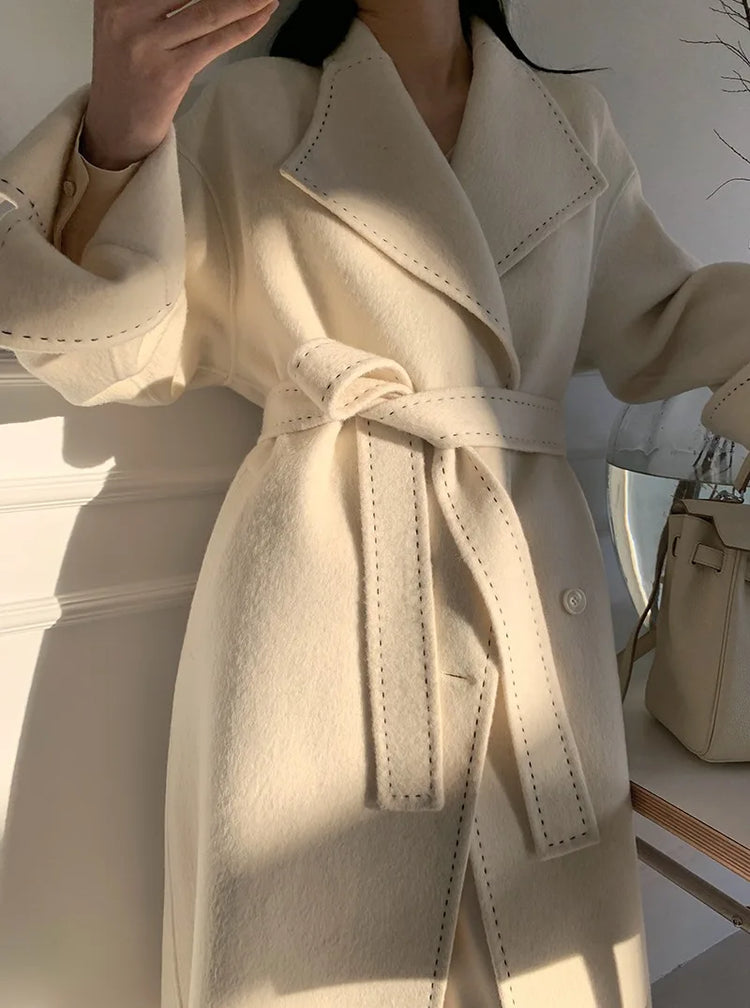 New Solid Korean Style Women Wool Coat Arch Needle Large Neck Versatile Fashion Texture Double Sided Trench Coats Female Winter
