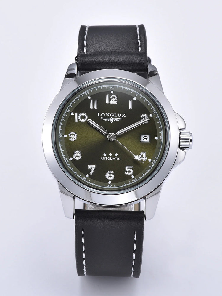 LONGLUX Men Automatic Watch Vintage Pilot Business Classic Military Mechanical Watches Date Waterproof Luminous Leather Gift