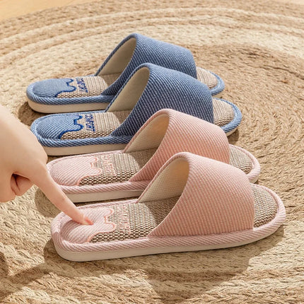 Pantofole in lino per la casa per coppie quattro stagioni Pantofole antiscivolo da pavimento per donna Uomo Camera da letto interna Infradito a punta aperta in lino quattro stagioni