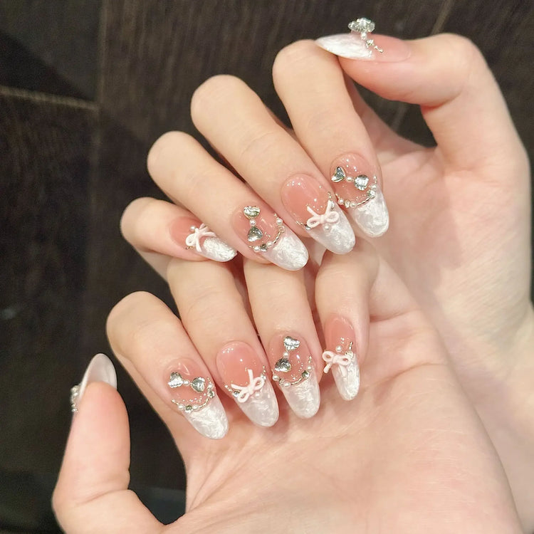 10pcs Handmade Press on Nails French Cat Eye Pink Bow Decor Korean False Nails Wearable Full Cover Ins Almond False Nail Tips 2028