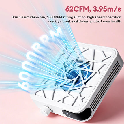 Rechargeable Brushless Turbo Nail Dust Extractor 6000PRM 10‑Speed Adjustable Low Noise Mini Manicure Vacuum for Nail Salon Home Use