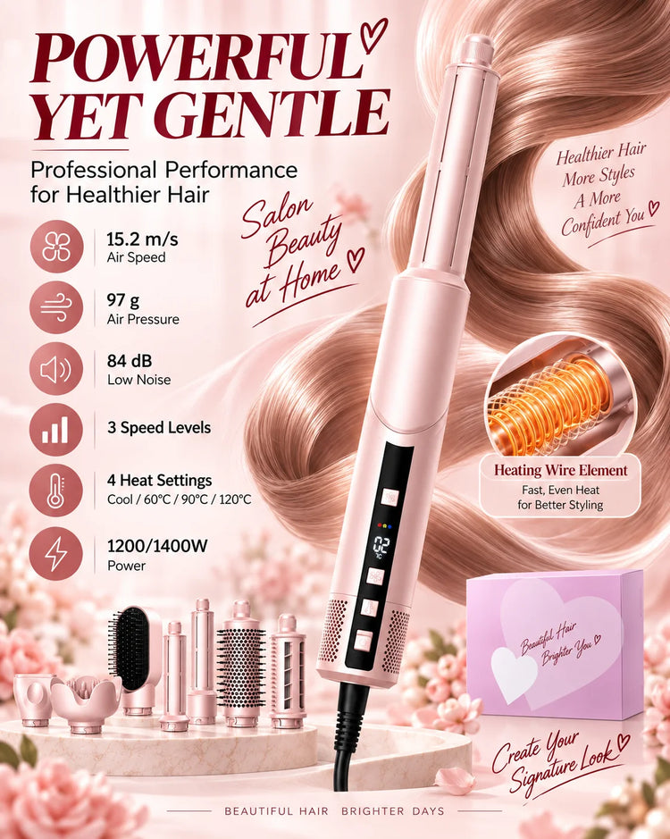Ukliss Pink 1400W Multi-Styling Negative Ion Hairdryer Comb 8-in-1 Curling Brush Heat Wind Comb Hairdressing Tool