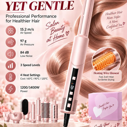 Ukliss Pink 1400W Multi-Styling Negative Ion Hairdryer Comb 8-in-1 Curling Brush Heat Wind Comb Hairdressing Tool