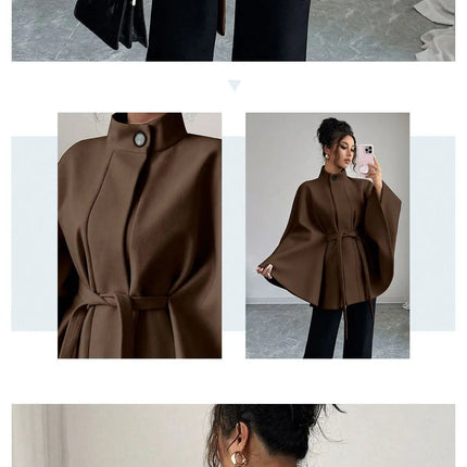 Elegant Stand Collar Tie Waist Cape Design Wool Coat, Coats for Women Spring Summer Outerwear with Chic Overcoat Style