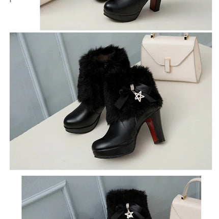 Snow Boots Womens Winter Warm Plush Fashion High Heels Pink White Black Fur Bowt Dress Party Wedding Platform Boots 526-1