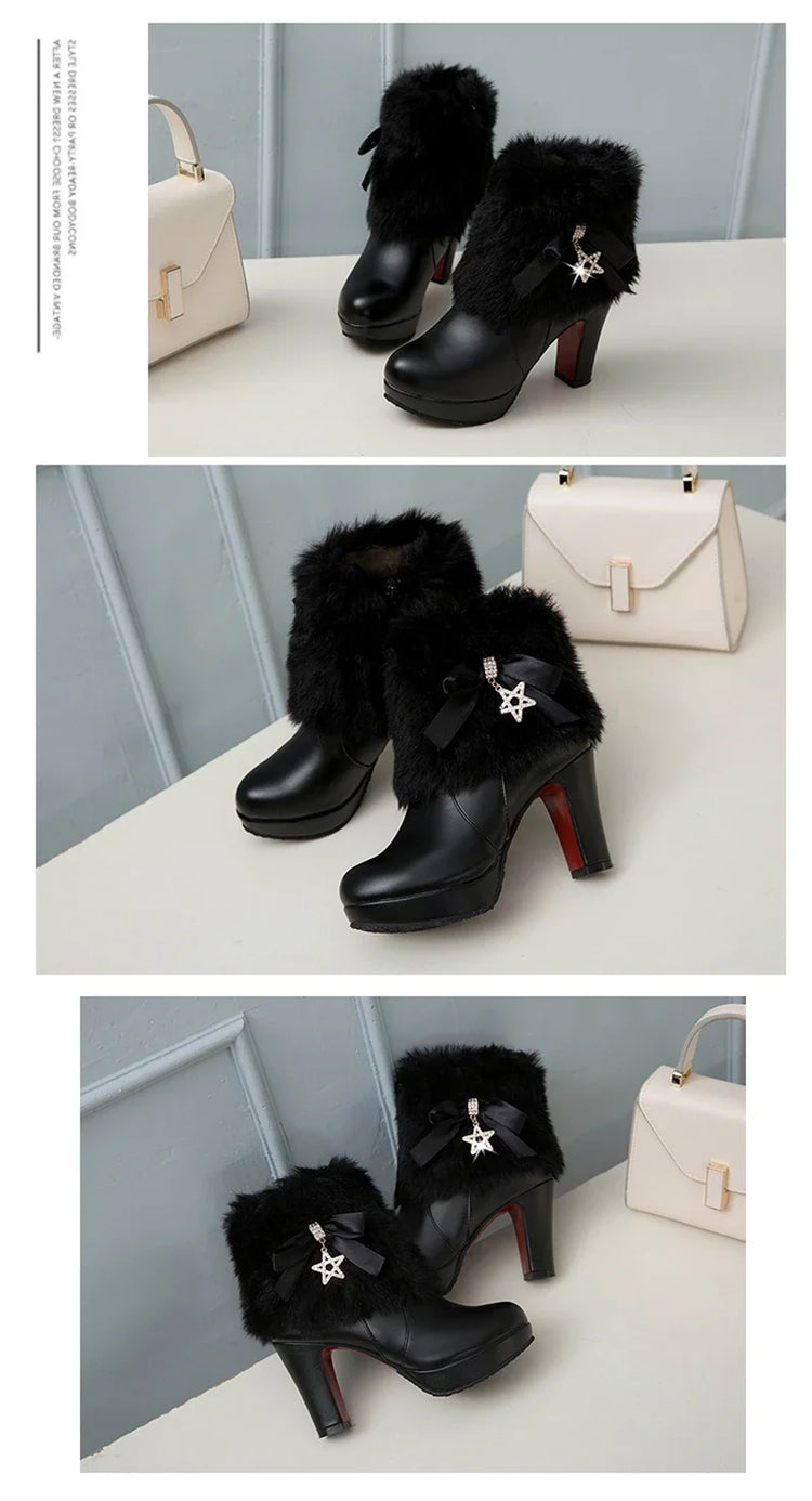 Snow Boots Womens Winter Warm Plush Fashion High Heels Pink White Black Fur Bowt Dress Party Wedding Platform Boots 526-1