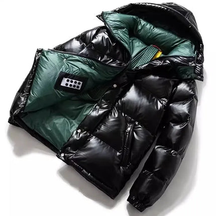 Fashion Mens Winter Mixed Colors Thick Warm 90% White Duck Down Jacket Bright Pu Leather Overcoat Streetwear Hooded Outwear Coat