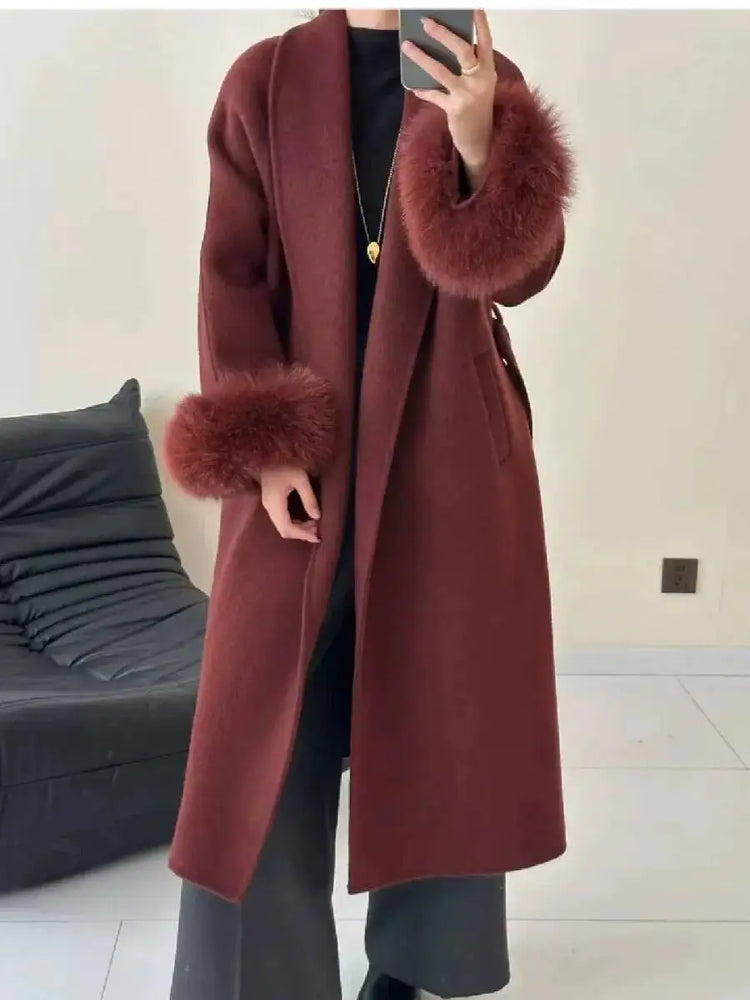 BJTZ Fox Fur Classic Long Double-Sided Pure Wool Coat For Women 2025 New Autumn Winter High-End Woolen Jacket