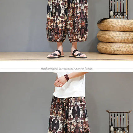 Pantaloncini da uomo estivi Pantaloni larghi casual comodi in cotone Pantaloni tradizionali al polpaccio retrò Pantaloncini traspiranti da uomo Streetwear