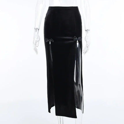 Damen-Punk-Rock-Stil-Rock, neuartiger eleganter langer Rock für Halloween und Festivals, hohe Taille, schlanke Passform, mit sexy Schleife und seitlichem Schlitz, Knielang