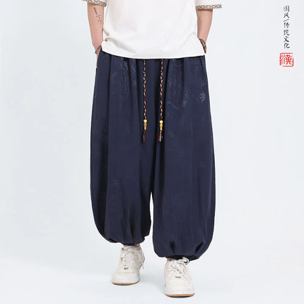 Pantaloni Estivi da Uomo Stile Cinese in Seta Ghiaccio con Motivo Drago Ukiyo-e, Comodi e Trendy, Pantaloni Casual Oversize da Uomo