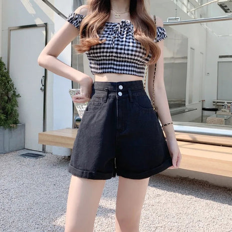 Women's summer thin denim shorts with loose fit high waist slimming effect wide legs and rolled edge hot pants for outerwear PlatiNum