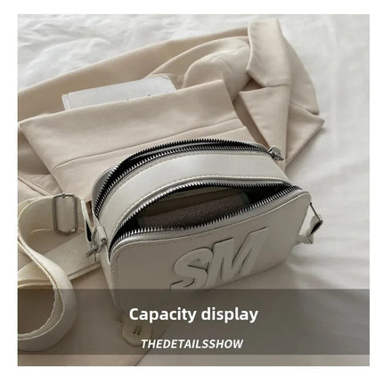 Chic SM Letter Camera Bags, Stylish Women’s Crossbody Small Square Purses with Wide Patterned Straps, Perfect for Daily Casual PlatiNum