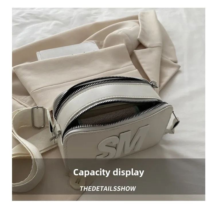 Chic SM Letter Camera Bags, Stylish Women’s Crossbody Small Square Purses with Wide Patterned Straps, Perfect for Daily Casual PlatiNum
