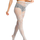Collant in pizzo bianco da donna, calze a rete floreali retrò, calze lunghe trasparenti a vita alta per feste e cosplay