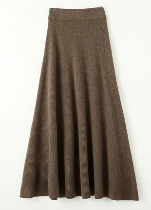 Chic New Women 100% Merino Wool Knitted A Line Skirt Solid Color Autumn Winter High Waist Preppy Style Soft Wool Midi Skirt PlatiNum