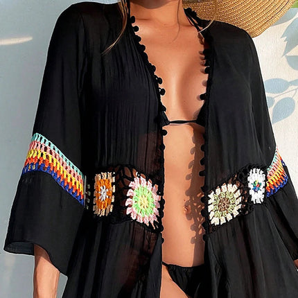 Costume da bagno estivo bohémien lavorato a maglia con fiori Kimono Cardigan con volant sull'orlo Copricostume con scollo a V Costume da bagno copricostume floreale all'uncinetto platinumshop